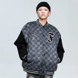 Streetwear Bomber Jacket Winter Puffy Coat Checkered Urban fr-316-Black